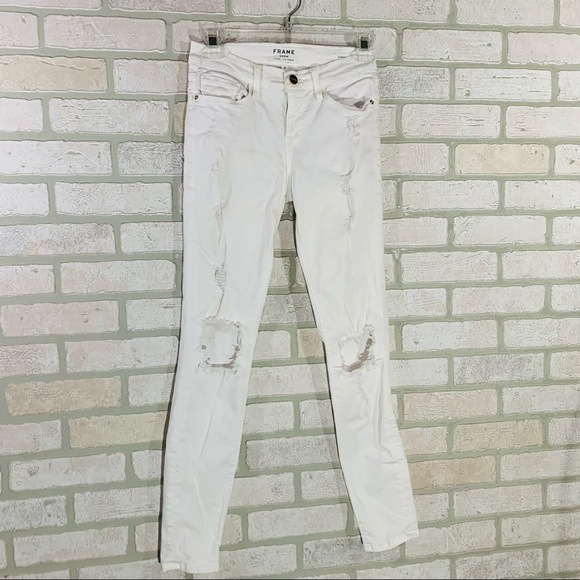 Frame Le Skinny de Jeanne Jeans in Blanc Distressed Size 26 - Picture 3 of 8